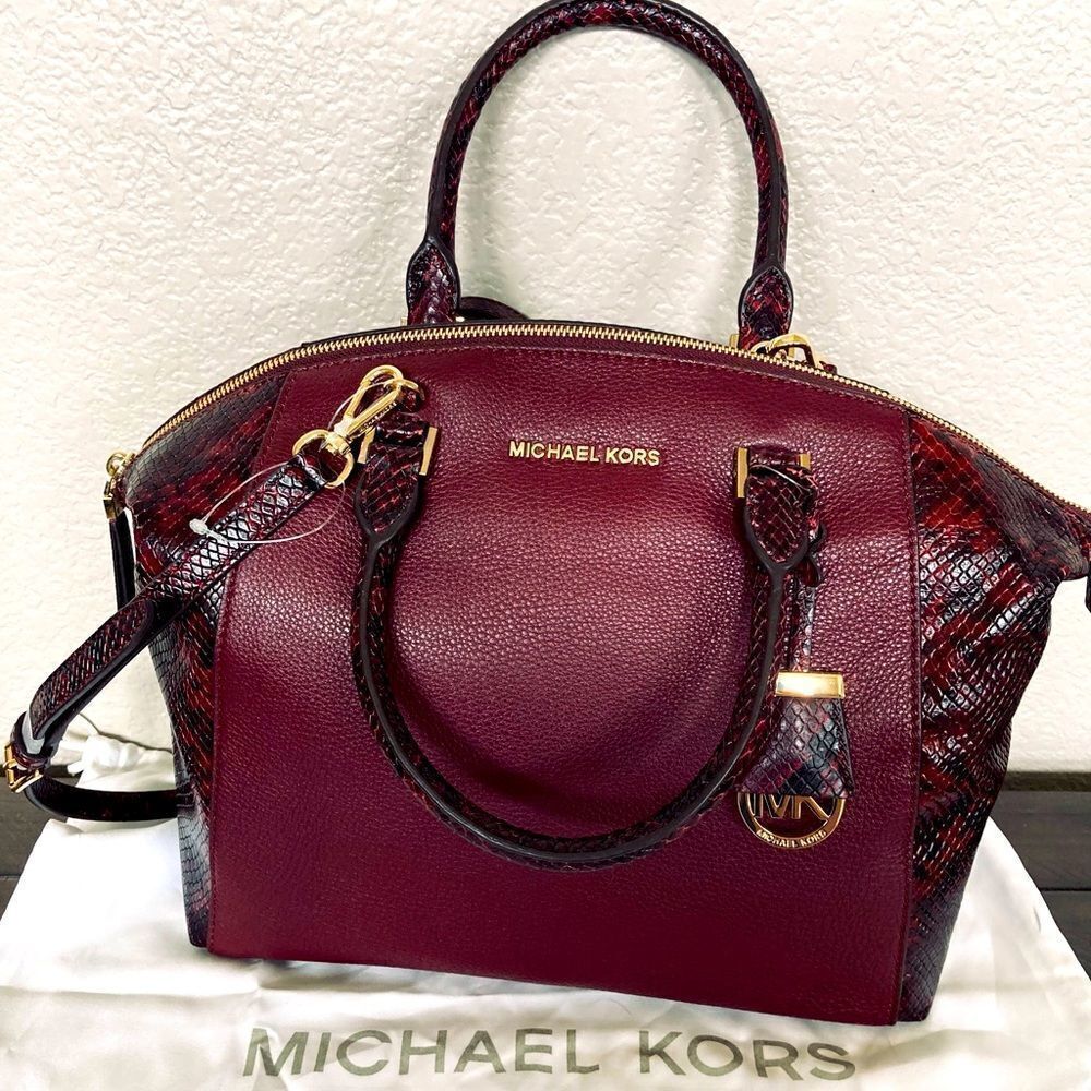 Michael Kors Burgundy Red Python Snake Handbag Sa… - image 1